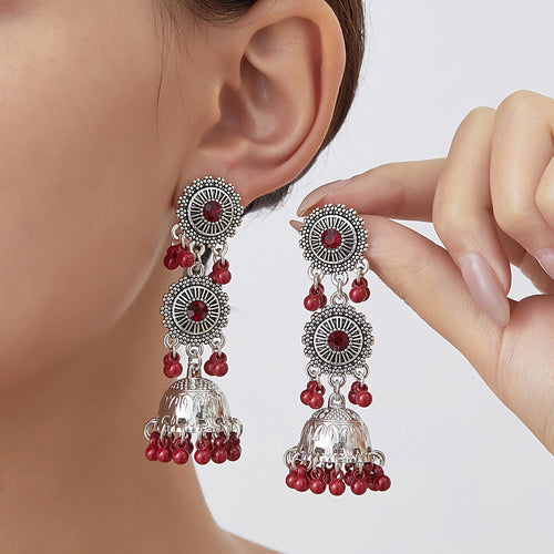 Vintage Ethnic Bohemian Silver Alloy Rhinestone Round Disc Jhumka Tassel Bell Dangle Earrings