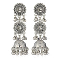 Vintage Ethnic Bohemian Silver Alloy Rhinestone Round Disc Jhumka Tassel Bell Dangle Earrings view 5