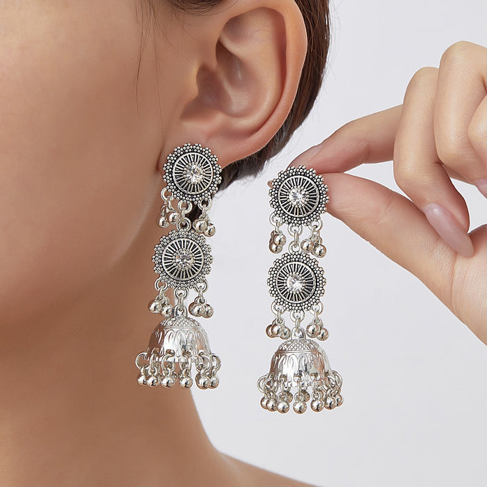 Vintage Ethnic Bohemian Silver Alloy Rhinestone Round Disc Jhumka Tassel Bell Dangle Earrings