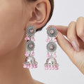 Vintage Ethnic Bohemian Silver Alloy Rhinestone Round Disc Jhumka Tassel Bell Dangle Earrings view 3