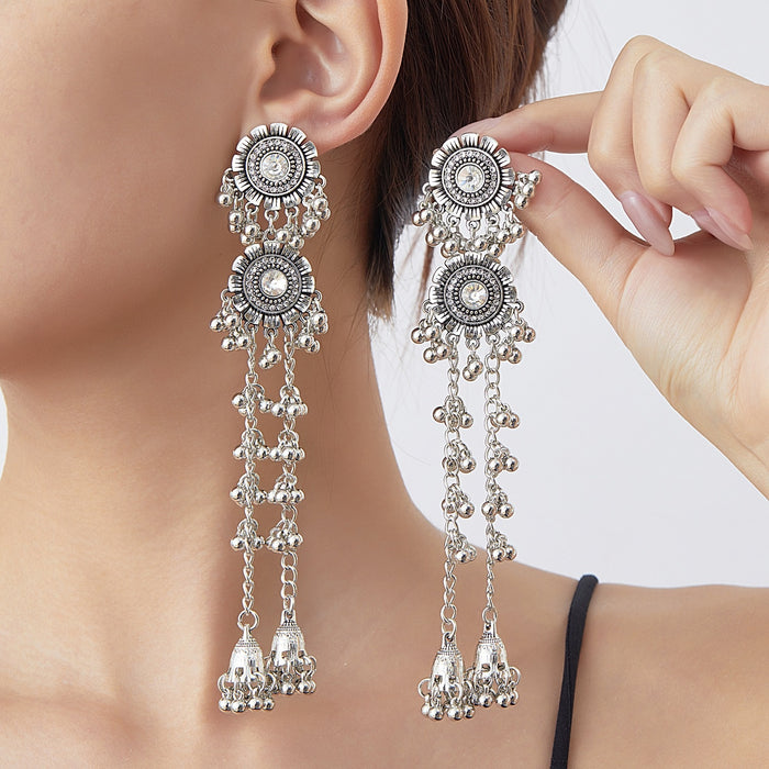 Bohemian Vintage Silver Alloy Rhinestone Sunflower Long Tassel Chandelier Ethnic Drop Earrings