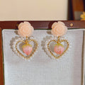 Pink Rose Heart Faux Pearl Stud Earrings French Sweet Floral Light Luxury Jewelry view 3