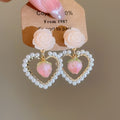Pink Rose Heart Faux Pearl Stud Earrings French Sweet Floral Light Luxury Jewelry view 1