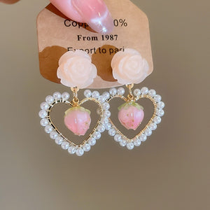 Pink Rose Heart Faux Pearl Stud Earrings French Sweet Floral Light Luxury Jewelry