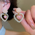 Pink Rose Heart Faux Pearl Stud Earrings French Sweet Floral Light Luxury Jewelry view 2