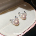 Dainty Round Zircon Faux Pearl Bow Stud Earrings With Silver Posts, Light Luxury Geometric Jewelry view 3