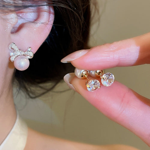 Dainty Round Zircon Faux Pearl Bow Stud Earrings With Silver Posts, Light Luxury Geometric Jewelry