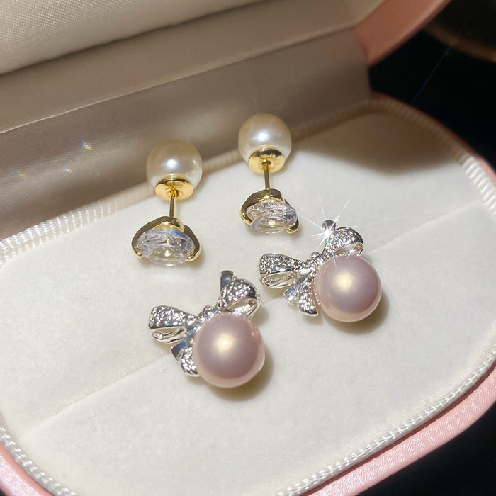 Dainty Round Zircon Faux Pearl Bow Stud Earrings With Silver Posts, Light Luxury Geometric Jewelry