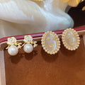 18K Gold Plated Silver Needle Zircon Flower Faux Pearl Stud Earrings Vintage Court Style view 3