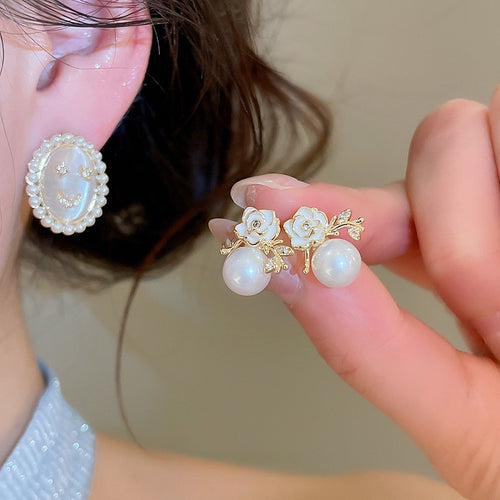 18K Gold Plated Silver Needle Zircon Flower Faux Pearl Stud Earrings Vintage Court Style
