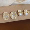 18K Gold Plated Silver Needle Zircon Flower Faux Pearl Stud Earrings Vintage Court Style view 1
