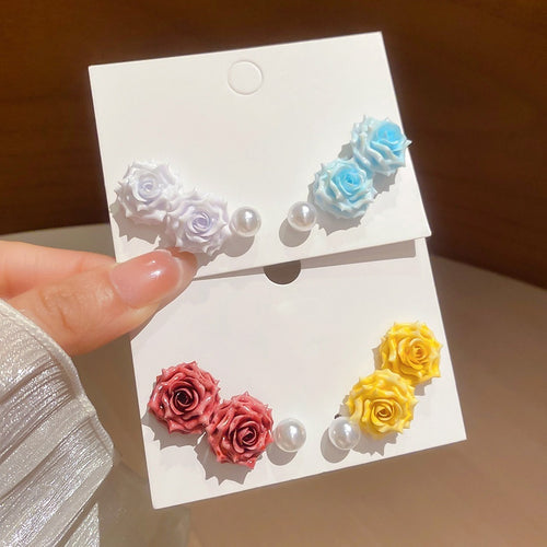 Sweet Floral Faux Pearl Stud Earrings Jewelry Set Light Luxury Dopamine Style Ear Accessories