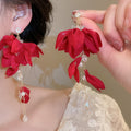 Vacation Style Fabric Flower Faux Pearl Tassel Drop Earrings For Beach Photo Looks view 3