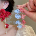 Vacation Style Fabric Flower Faux Pearl Tassel Drop Earrings For Beach Photo Looks view 1