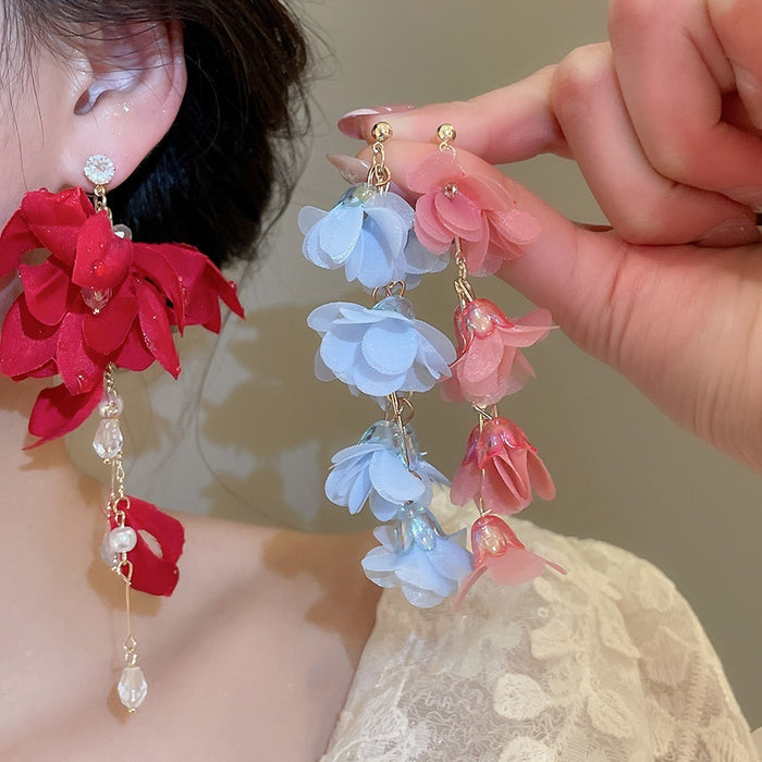 Vacation Style Fabric Flower Faux Pearl Tassel Drop Earrings For Beach Photo Looks