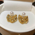 Vintage Style Zircon Pleated Flower Faux Pearl Stud Earrings With Silver Pins view 2