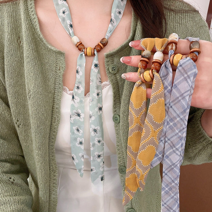 Old Money Floral Wood Bead Chiffon Print Sweater Necklace For Women, Pastoral Light Luxury Choker
