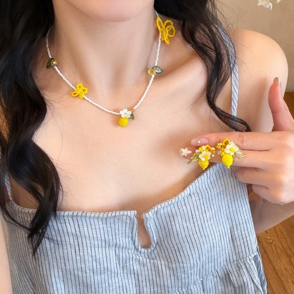 Sweet Lemon Crystal Beaded Earrings And Necklace Jewelry Set For Beach Vacation Style