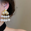 Vintage Court Style Faux Pearl Rhinestone Tassel Geometric Drop Earrings view 3