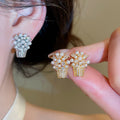 18K Gold Plated Silver Needle Zircon Flower Basket Faux Pearl Stud Earrings Light Luxury view 2