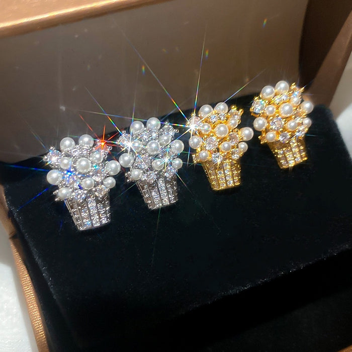 18K Gold Plated Silver Needle Zircon Flower Basket Faux Pearl Stud Earrings Light Luxury