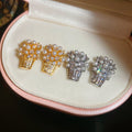 18K Gold Plated Silver Needle Zircon Flower Basket Faux Pearl Stud Earrings Light Luxury view 3