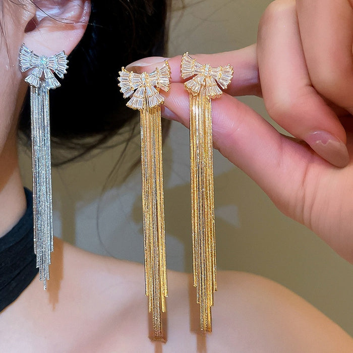 18K Gold Plated Copper Bow Tassel Stud Earrings With Zircon And Silver Posts