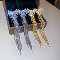 18K Gold Plated Copper Bow Tassel Stud Earrings With Zircon And Silver Posts view 2