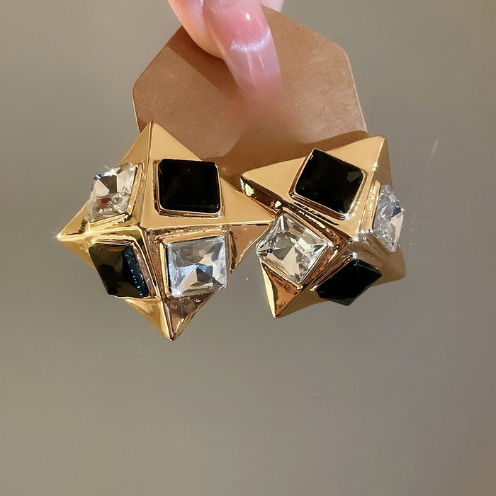 Vintage Alloy Rhinestone Geometric Diamond Square Stud Earrings For Women