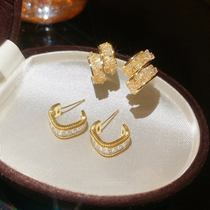 Copper Zircon Square Stud Earrings Minimalist Light Luxury Geometric Casual Jewelry