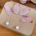 Chiffon Butterfly Rhinestone Stud Earrings Sweet Fairy Forest Style Fabric Ear Jewelry view 2