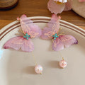 Chiffon Butterfly Rhinestone Stud Earrings Sweet Fairy Forest Style Fabric Ear Jewelry view 4