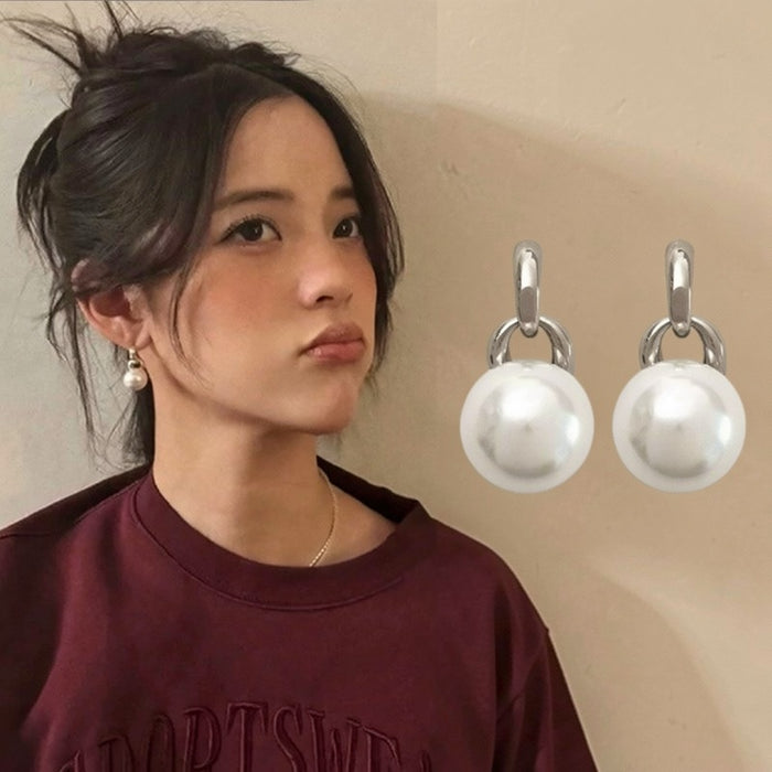Simple Modern Round Faux Pearl Stud Earrings With Silver Posts For Women Light Luxury Jewelry