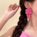Raffia Flower Stud Earrings With Copper Base Silver Pin Beach Vacation Niche Style view 4