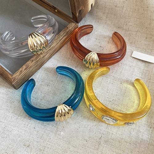 European American Style Resin Texture Round Open Bangle For Women, Minimalist Light Luxury Fashion Jewelry