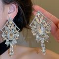 Copper Rhinestone Geometric Tassel Drop Earrings, European Minimalist Statement Stud Style view 1