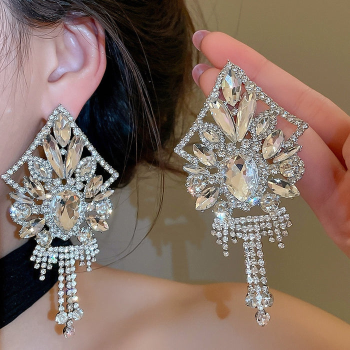 Copper Rhinestone Geometric Tassel Drop Earrings, European Minimalist Statement Stud Style