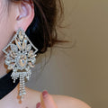Copper Rhinestone Geometric Tassel Drop Earrings, European Minimalist Statement Stud Style view 3
