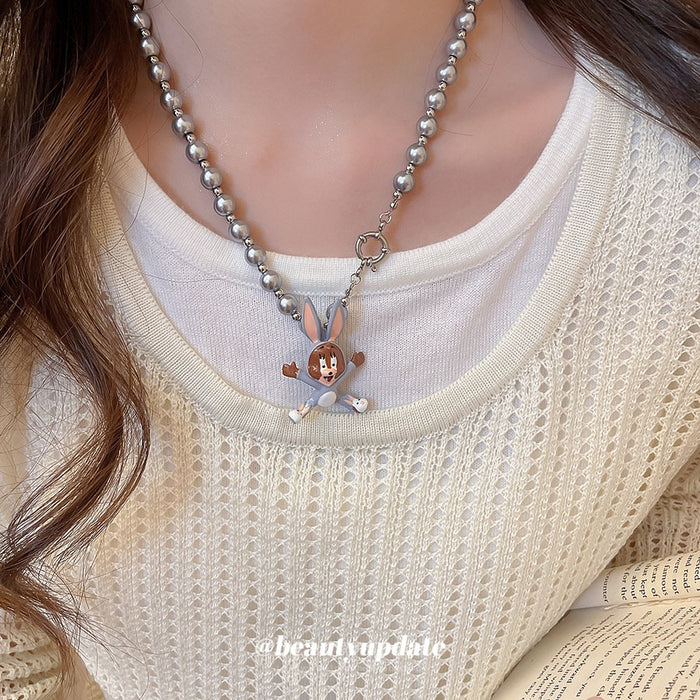 Cute Enamel Rabbit Faux Pearl Necklace Old Money Light Luxury Collarbone Choker