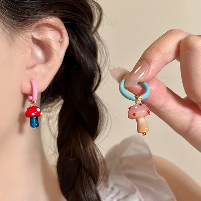 Contrast Color Glass Mushroom Stud Earrings For Women Light Luxury Geometric Round Fresh Style Jewelry