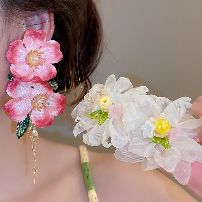 French Romantic Vintage Fabric Rose Flower Tassel Beaded Vacation Style Drop Earrings