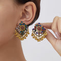 Vintage Ethnic Luxury Alloy Red Rhinestone Floral Filigree Chandelier Tassel Drop Stud Earrings view 3