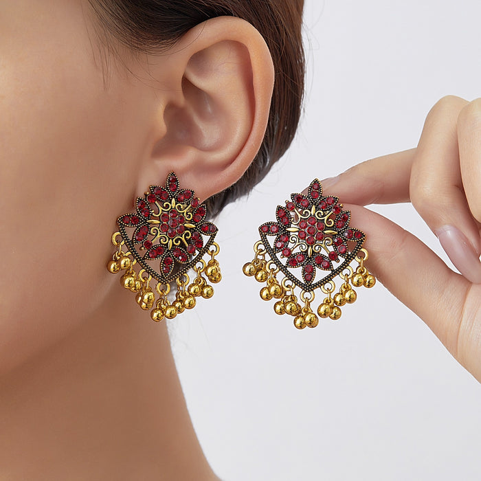 Vintage Ethnic Luxury Alloy Red Rhinestone Floral Filigree Chandelier Tassel Drop Stud Earrings