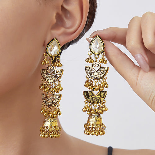 Bohemian Vintage Gold Alloy Teardrop Crystal Chandelier Jhumka Bell Tassel Statement Earrings