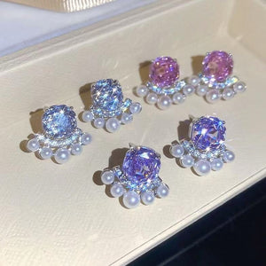 Silver Pin Zircon Flower Faux Pearl Stud Earrings Elegant Light Luxury Jewelry
