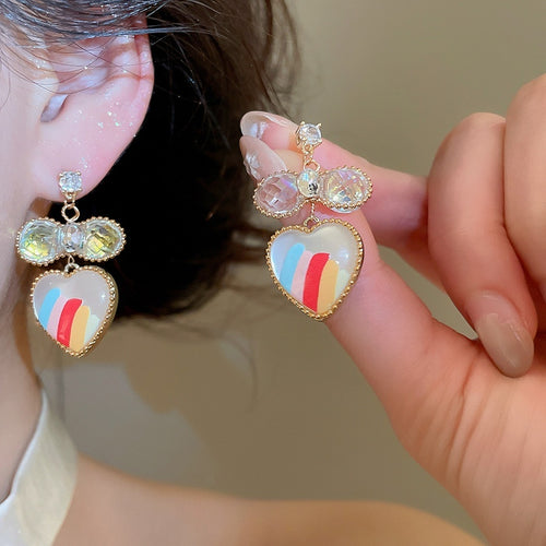 18K Gold Plated Silver Post Crystal Heart Stud Earrings For Women Iridescent Light Luxury OL Style