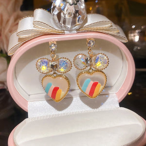 18K Gold Plated Silver Post Crystal Heart Stud Earrings For Women Iridescent Light Luxury OL Style