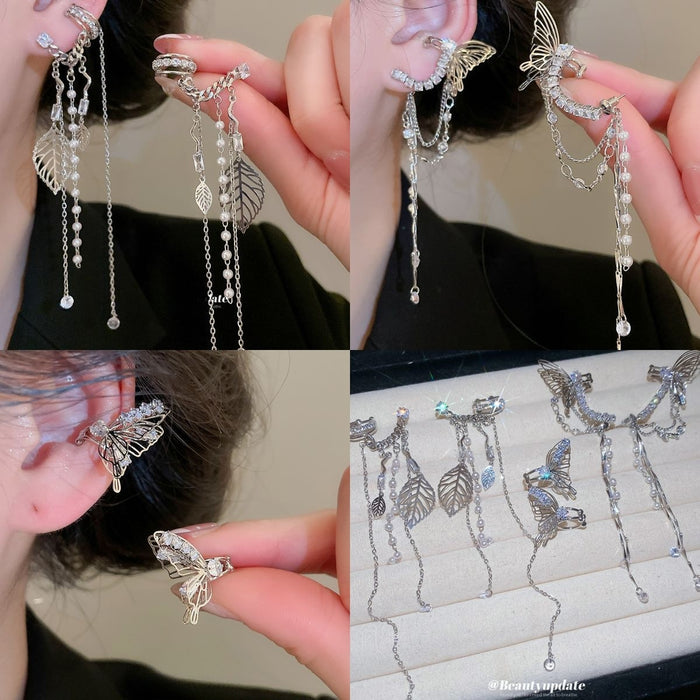 Light Luxury Cubic Zirconia Butterfly Tassel Faux Pearl Clip-on Earrings