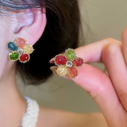 Sweet Dopamine Crystal Flower Copper Stud Earrings With Silver Pins, Elegant Niche Style