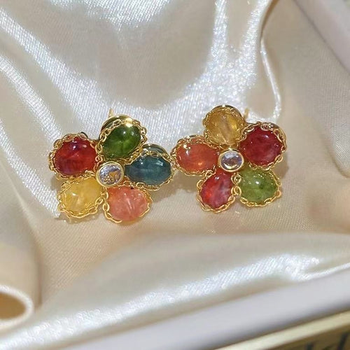 Sweet Dopamine Crystal Flower Copper Stud Earrings With Silver Pins, Elegant Niche Style